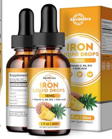 2 Pack Liquid Iron Supplement for Women, Men & Kids, Liquid Iron Drops with Folate, Vitamin C, B6, B12 for Anemia, Red Blood Cell, Energy Support, Pineapple Flavor