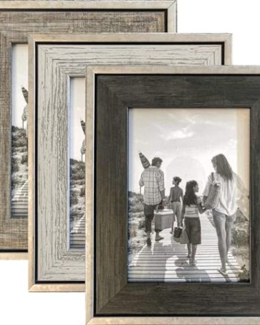Tasse Verre 5x7 Rustic Picture Frames 3-Pack, Distressed Farmhouse-Style Table Frame, Brushed Industrial Silver Metal Look Frame with Wood Looking Insert, Ready-to-Hang Hooks.