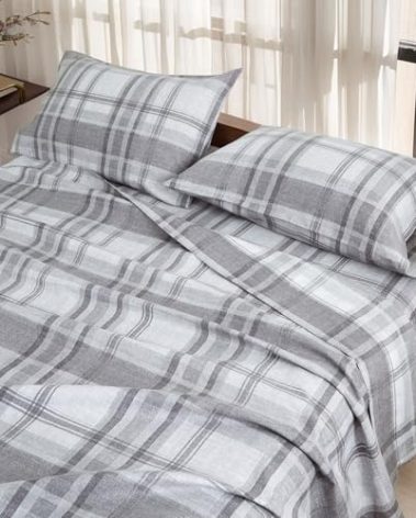 King Sheets Set 4PC - Soft Cooling 1800 Thread Count Microfiber Printed Sheet, 8 - 17" Deep Pocket Breathes Better, Hypoallergenic, Wrinkle Free, Machine Washable Grey Plaid Patterned Double Bedding