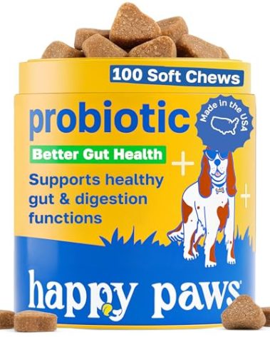 Happy Paws Probiotics for Dogs, Supplements for Gut, Skin, Coat & Immune Support for All Breeds & Ages, Made with Coconut Oil & Vitamin E, Vegan Chicken Flavor, Organic, Non GMO, 100 Soft Chews