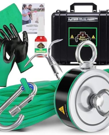 2000LB’s Complete Magnet Fishing Kit | Double Sided Fishing Magnet Kit with Case | Includes Strong Neodymium N52 Magnets, Durable 65ft Rope, Carabiner, Gloves, Grappling Hook & Carry Case