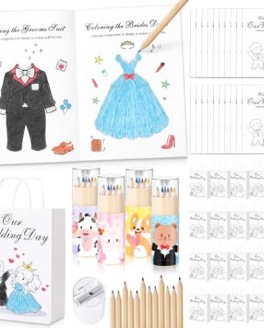 GeeSound 80 Pcs Wedding Coloring Activities Books for Kids: 20 Set Wedding Games Favors Including Colored Pencils Sharpener Wedding Activities Book Goodie Bags Sticker for Children Party Supplies