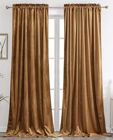 Benedeco Camel Velvet Curtains for Bedroom Window, Super Soft Luxury Drapes, Room Darkening Thermal Insulated Rod Pocket Curtain for Living Room, W52 by L90 inches, 2 Panels