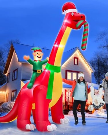 12 Ft Ht x 14 Ft L Giant Christmas Inflatables Santa Elf Ride Dinosaur Holding Candy Cane Christmas Blow Up Yard Decorations Built-in LEDs Christmas Decorations Outdoor Party Holiday Xmas Decor Lawn