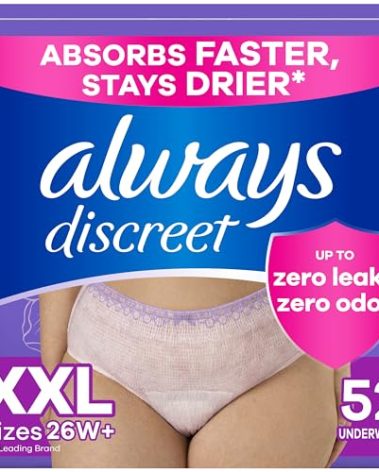 Always Discreet Adult Incontinence Underwear for Women and Postpartum Underwear, XXL, Up to 100% Bladder Leak Protection, 52 Count (4 Packs of 13)