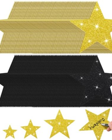 256 Pcs Glitter Star Cutouts Paper Decoration Back to School Cardboard Glitter Star Wall Decor Confetti Cutouts for Bulletin Board Classroom Movie Night Party Decoration 4 Sizes(Black, Gold)