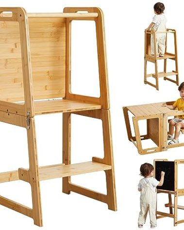 4-in-1 Standing Tower for Toddlers and Kids 1-6 Years, Bamboo Kitchen Learning Helper Stool with Chalkboard, Desk Table, and Chair (Natural)