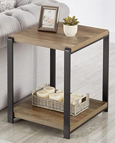 FOLUBAN Industrial End Table, Square Side Table with Storage Shelf for Living Room, Wood and Metal Nightstand, Oak