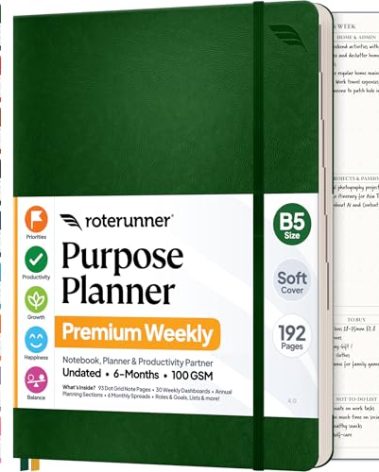Roterunner Purpose Planner Notebook B5 7.5”x9.8” Undated 2026 Daily Weekly and Monthly Productivity Goal Setting Tool for Work Home ADHD Planner for Adults Self Care Journal