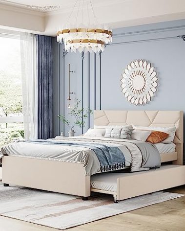 Goohome Queen Size Platform Bed with Brick Pattern Headboard, Linen Fabric Upholstered Twin XL Trundle and 2 Drawers, Queen Bed with Trundle for Bedroom Furniture, No Box Spring Needed