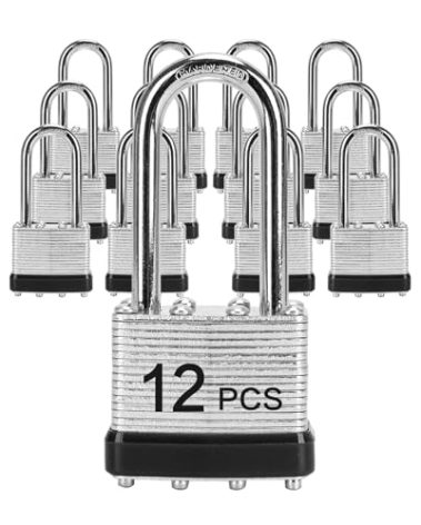 Padlocks with Same Key, LQYN 12 Pcs Laminated Keyed Padlock (1-9/16", 40mm), Keyed Alike Locks, Long Shackle, for Storage Locker, Hasp Latch, Toolbox, Sheds