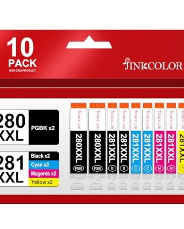 JINKCOLOR 10 Pack 280XXL 281XXL Ink Cartridges Compatible for Canon TR8620a Ink Cartridges Replacement for Canon Ink 280 and 281 Cartridges Compatible with TR8620 TR8620A TR7520 TS8220 TS6120 Printer