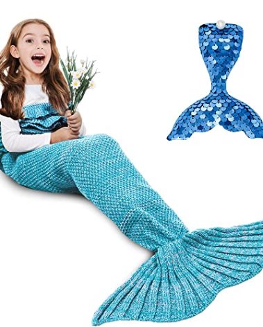 AmyHomie Mermaid Tail Blanket, Kids Blanket Crochet Mermaid Sleeping Bag Mermaid Gift for Girls(Light Blue, Kids)