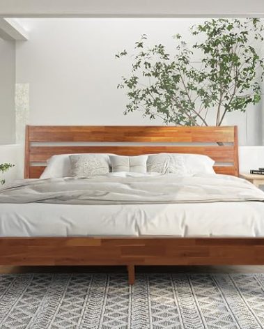 Acacia Emery Bed Frame with Headboard Solid Wood Platform Bed, King Size Bed Frame, Mid - Century Modern Wood Bed Compatible with All Mattresses, Easy Assembly, Non-Slip, Walnut