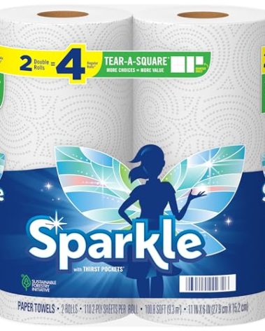 Sparkle Tear-A-Square Paper Towels, 2 Double Rolls (220 Sheets Total) - Strong 2-Ply Towels for Kitchen Cleanup and Everyday Messes
