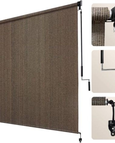 Artpuch Outdoor Roller Shade 7' W x 8' H, Mocha Exterior Cordless Patio Shades Roll Up Blinds with Spliced Pole Design, (2 Poles, One-Piece Fabric)