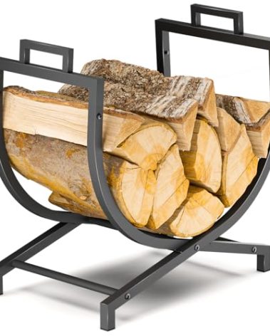 TUSEASY Firewood Rack Indoor & Outdoor, Heavy-Duty Rustproof Metal Wood Rack & Log Holder for Fireplace, Hearth, Patio, Fire Pit – Powder-Coated Steel Wood Storage Rack Stand, 22″ Small Size