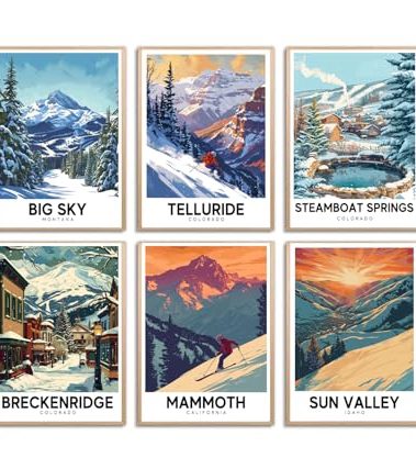 KROEY Ski Poster Apres Ski Snowy Mountain Posters Vintage Ski Canvas Wall Art For Modern Family Bedroom Living Room Dorm Classroom Office Decor (8×12 inch(20×30cm),Set of 6, Unframed)