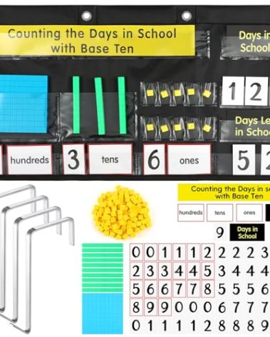 Resurhang Back to School Counting The Days with Base Ten Pocket Chart Place Value, Counting Caddie Pocket Chart for Classroom Bulletin Board School or Home Decor, 4 Hooks(Black,Classic Style)