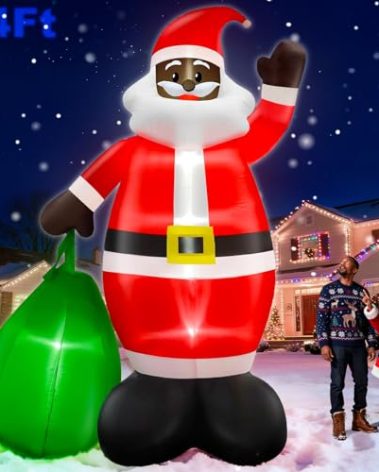 14 Ft by 8.5 Ft Giant Christmas Inflatable Black Santa Holding Gift Bag, African American Christmas Decorations, Blow up Xmas Decor Built in LED Lights for Yard Lawn Garden