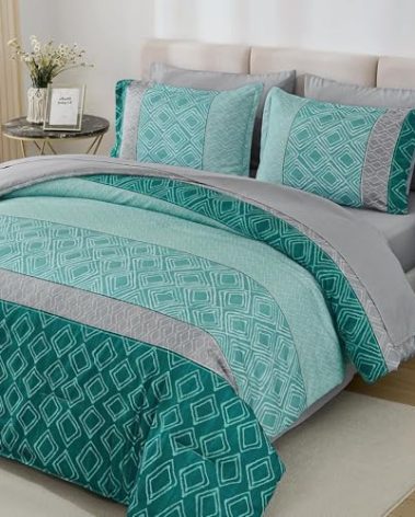 Dinjoy California King Comforter Set Size, Teal Cal King Bed in a Bag Boho Fall Bedding Sets 7 Pieces Striped Oversized Bed Set with Comforters, Sheets, Pillowcases & Shams for All Season