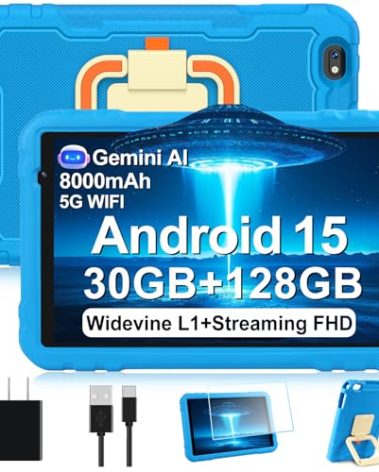 2025 Tablet 10 inch Android 15 Tablets 30GB RAM 128GB ROM 1TB Expand, 8000mAh Octa-Core Tablet with Drop-proof Case, Gemini AI, HD IPS Display, GPS, 5G WIFI, Split-screen, Widevine L1 -Metal Blue
