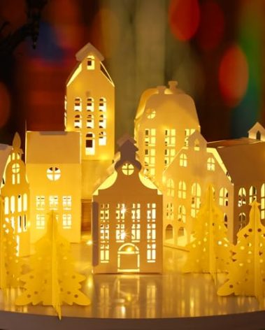 10 Pcs 3D Christmas Village Houses Sets White Winter Village with Light Xmas Houses and Trees Lantern Paper Decoration Christmas Figurines Scene Desktop Ornament for Home Xmas Village Party Decor