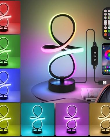 Modern RGB Table Lamps, 7 Colors 10 Light Spiral Bedside Lamp with Remote&APP, Cool Table Lamp, Dimmable LED Nightstand Lamp with Scene/Music Modes for Bedroom, Living Room, Christmas Gifts Black
