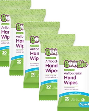 Boogie Antibacterial Hand Wipes by Boogie, Alcohol Free, Hypoallergenic and Moisturizing Aloe, for Kids and Adults -100 Total Wipes (5 Packs of 20)