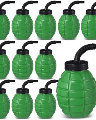 Tanlade Army Birthday Party Camo Party Supplies Grenade Cups with Straws and Lids, 10 oz Plastic Grenade Shape Cup Reusable Cups Bulk for Army Soldier Camouflage(12 Pcs)
