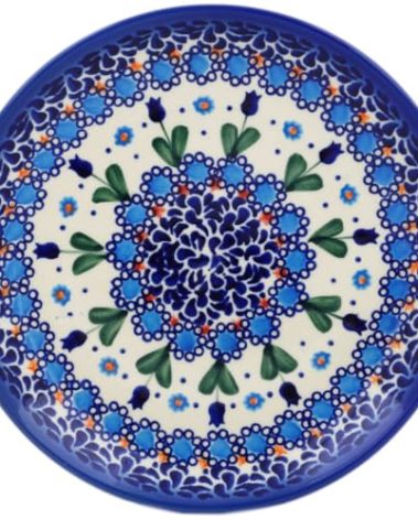 Polmedia Polish Pottery Dessert Plate UNIKAT - Blue Tulip Garden Pattern Handmade in Boleslawiec Poland by Ceramika Bona + Certificate of Authenticity