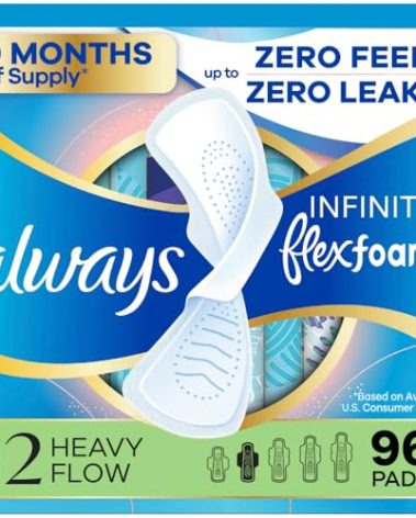 Always Infinity Feminine Pads for Women, Flexfoam Pads without Wings, Size 2, Heavy Absorbency, Unscented, 96 Count (3 Packs of 32)