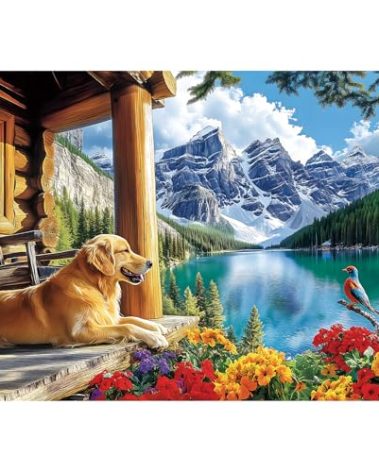 2000 Piece Puzzle for Adults, Serene Mountain Cabin with Golden Retriever, Wildflowers & Lakeside Landscape, Vibrant Jigsaw Puzzle, for Nature and Dog Lovers, 39" x 28"