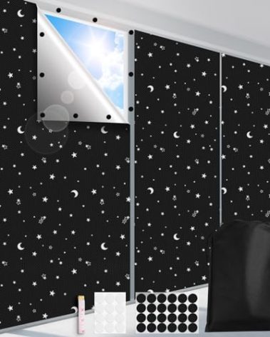 FADOTY 100% Blackout Window Cover Film, Portable Black Out Curtains for Bedroom, Cuttable Blackout Shades Fabric Sheet, No Drill Window Blinds, Sun Heat Light Blocker for Travel Media Dorm, 57'' W