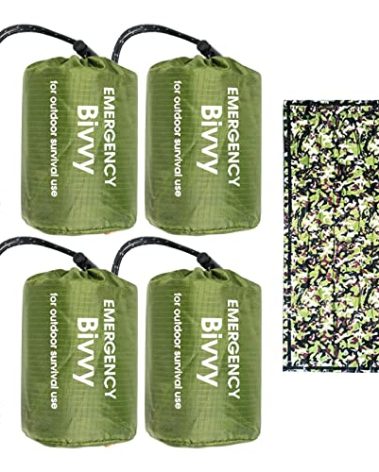 GOGOOD 4 Pack Camo Emergency Sleeping Bags Survival Bivvy Sack with Whistles, Lightweight Portable Survival Gear for Outdoor Camping Hiking Keep Warm After Disasters (1PERSON)