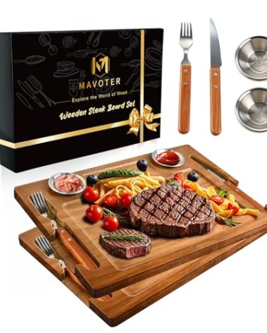 Acacia Wooden Steak Plates Board for Eating Set of 2,15.7" Meat Cutting Boards for Steak Food Serving Tray with Fork, Knife & Ramekins,Charcuterie Platter for Kitchen, BBQ & Entertaining