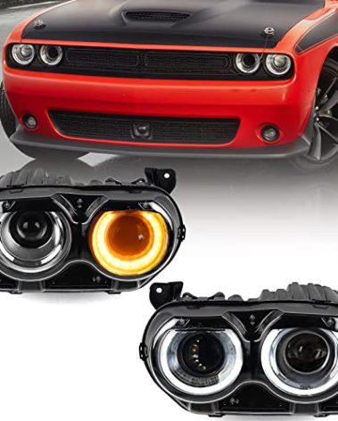 VLINCAR Xenon Headlights Assembly W/AIR Catcher Compatible with Dodge Challenger 2015 2016 2017 2018 2019 2020 HID Model Headlamps Pair with Black Housing Replacement Driver Left & Passenger Right