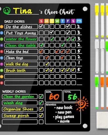 PigPotParty Black Acrylic Magnetic Chore Chart for Kids, 12"x16" Reward Responsibility Chart, 1 Pcs Daily Weekly Dry Erase Fridge Chore Board Checklist for Teens Adult, w/ 12 Markers & Towel