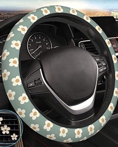 Cute Steering Wheel Cover, Boho Steering Wheel Cover for Women Girls, Daisy Floral Steering Wheel Cover with 4 Pieces Cute Flowers Car Air Vent Clips, Car Decorations, Universal 15 Inch Fit