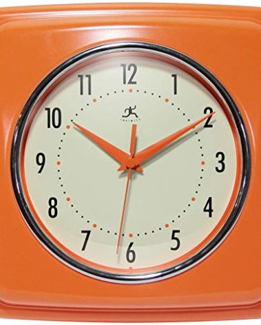 Infinity Instruments Retro – 9 Inch Square Silent Non-Ticking Mid Century Modern – Kitchen, School, Classroom – Vintage Decorative – Orange