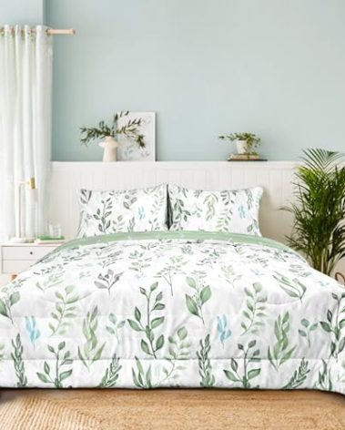 DILIMI Full Size Comforter Set for Girls, 5 Pieces Reversible Bedding Set, Ultra Soft Green Leaf Full Size Bed Comforter Sets with Sheet, Comforter, Flat Sheet, 2 Pillowcase
