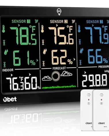 OBET Weather Station Wireless Indoor Outdoor Thermometer Wireless, Color Display Digital Temperature and Humidity Monitor with 3 Sensors, Alerts, Adjustable Backlight, USB Port (500 Feet)