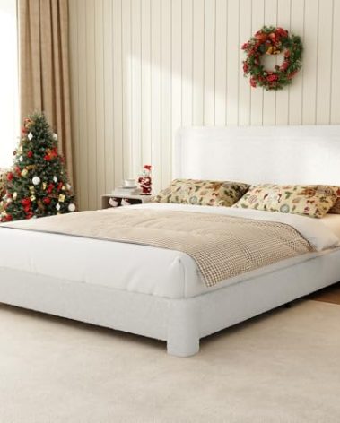 WEUP Full Size Boucle Bed Frame, Upholstered Teddy Fabric Bed Frame with Headboard, Soft Rounded Corners, No Box Spring Required, Adjustable Headboard, Easy Assembly