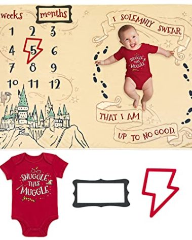 Harry Potter Newborn Baby Boys Bodysuit and Monthly Milestone Blanket 4 Piece Maroon/White 0-3 Months
