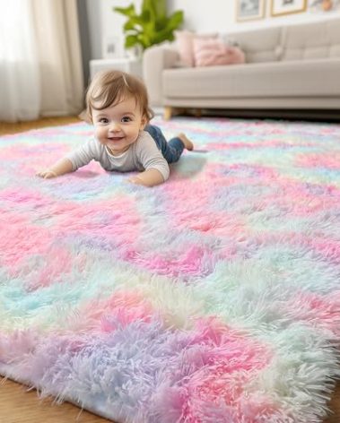 Rainbow Runner Kids Rugs for Girls Bedroom, Unicorn Room Decor, Fluffy Colorful Pastel Shag Area Rug for Baby Nursery, Soft Cute Fuzzy Kawaii Furry Plush Carpet for Playroom Preppy Dorm, 3x5 Rug Small