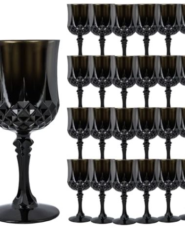 LEYIQU Plastic Wine Glasses，Plastic Goblets Vintage Style Cordial Drinking Glasses for Wedding Reception, Halloween Grand Event Party Supplies (24, Black)