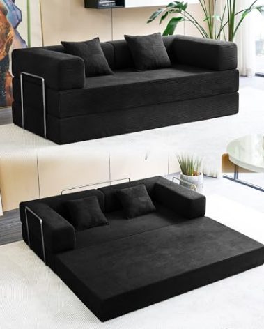 MOEYURO Compression Sofa - 78''Convertible Floor Sofa Bed - with Pillow Back Support Armrest - Comfy Foldable Sofa Bed Compressed Sofa in Box - Corduroy Fabric - for Living Room Bedroom(Black)