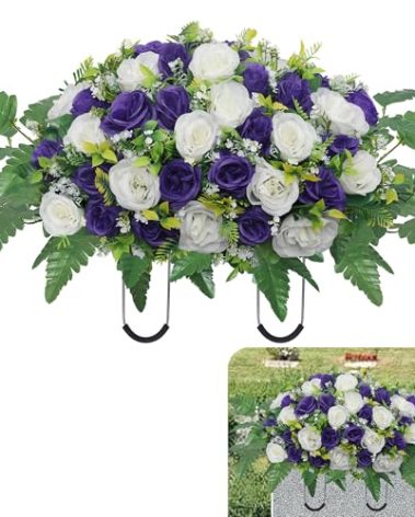 Hibsotco Cemetery Headstone Flower Saddle,Artificial Cemetery Flower Saddles for Graves,Artificial Rose Cemetery Memorial Flowers for Outdoor Tombstone Headstone Decorations (Purple)