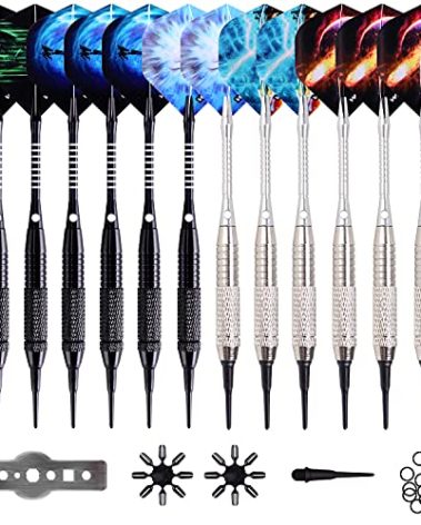 WIN.MAX Darts Plastic Tip - Soft Tip Darts Set - 12 Pcs 18 Gram with 100 Extra Dart Tips 12 Flights Flight Protectors and Wrench for Electronic Dart Board