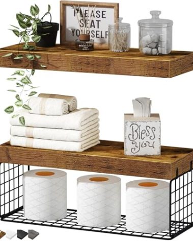 QEEIG Bathroom Shelves Over Toilet - Wall Mounted Floating Shelves Toilet Paper Storage Small Farmhouse Decor Shelf 16 inch Set of 2, Rustic Brown (019-BN2)